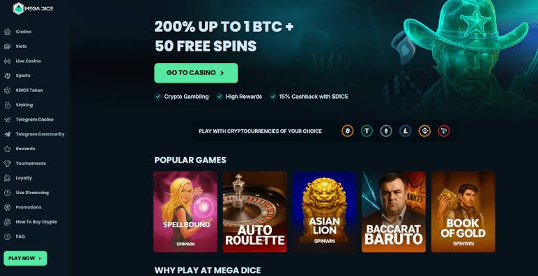Startseite eines Krypto-Casinos mit Bonus in Bitcoin und Freispielen (Beispiel: Mega Dice)